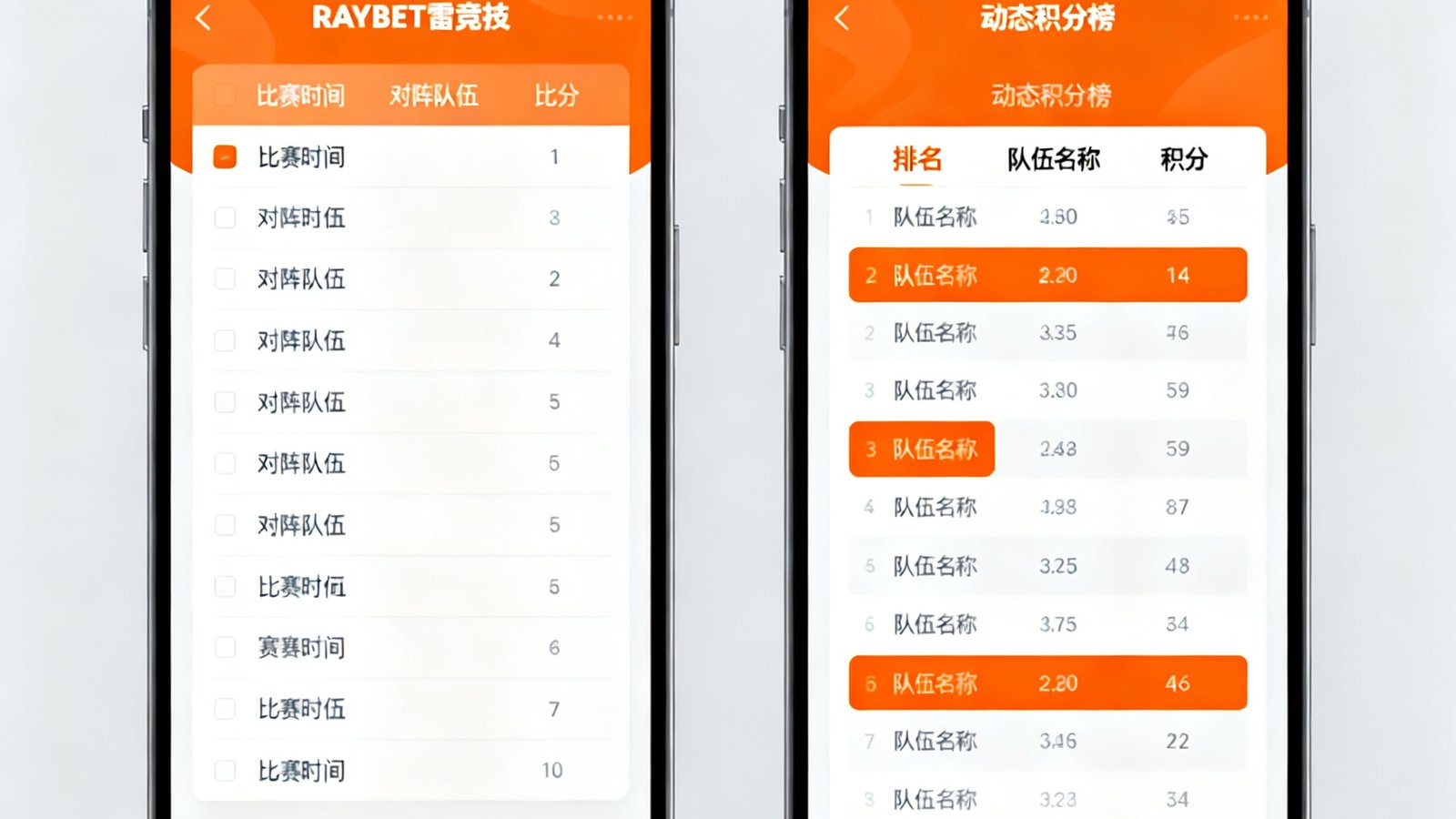 RAYBET雷竞技赛事数据面板界面截图，左侧为实时更新的赛程列表，右侧展示动态积分榜，数据以橙色高亮标注最新变动，界面设计简洁清晰，适合移动端浏览。